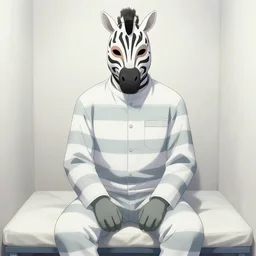 a prisoner wearing a white straight jacket and a zebra mask sitting inside a white padded room, anime film still from the an anime directed by Katsuhiro Otomo with art direction by Salvador Dalí, wide lens