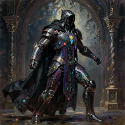 dark cyborg assassin! armour made of intricate complex circuitry and microchips, iridescent, black cloak, warrior, colorful, intricate linework, gothic baroque, athletic stance, magical, realistic oil painting, artstation, rutkowski, wlop, chebokha, artgerm
