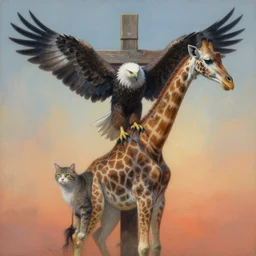 painting of cross between eagle & cat & giraffe, intercrossed animal, by arne olav gurvin fredriksen, by tiffany bozic, by zdzislaw beksinski, by corine perier, amazing details, cold hue's, warm tone gradient background, concept art, beautiful composition, digital painting