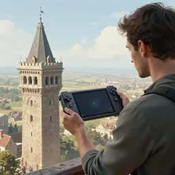 matte painting of man holding steam deck gazing down from ivory tower at peasants