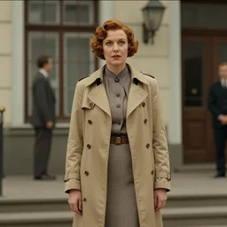 an image of a queen visiting the the royal mental health center in a medium full shot, vintage historical fantasy 1 9 3 0 s kodachrome slide russian and japanese mix, with tan skin, short, rippling cinnamon hair, and emerald eyes. she is wearing a checked tailored pencil skirt, belted tailored trench coat, and a mandarin collar blouse.
