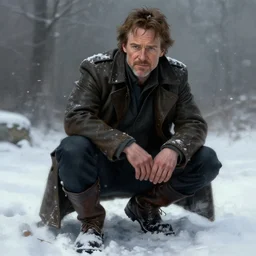 colin farrell as old man logan in the snow wearing boots, concept art, detailed face, fantasy, highly detailed, cinematic lighting, digital art painting by greg rutkowski