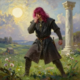 medieval noble male with magenta hair and bangs which partly cover his face, full body view, dramatic pose, blood on his face, photorealistic oil painting in medieval style, sun in the sky, bloom, green grassy land and white marble columns in the background