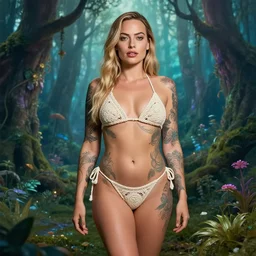 margot robbie portrait with a tattooed body posing in a magical crochet bikini in a magical forest, beautiful eyes, realistic face, full body, fantasy art, in the style of Fernando Juarez, illustration, epic, fantasy, intricate, hyper detailed, artstation, concept art, smooth, sharp focus, ray tracing, vibrant