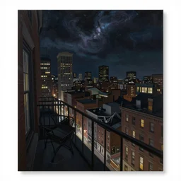 horrifying full color photorealistic painting of the view of a warped downtown 1 9 2 5 boston at night with a cosmic sky viewed from a hotel balcony, dark, atmospheric, brooding, smooth, finely detailed, cinematic, epic, in the style of paul carrick
