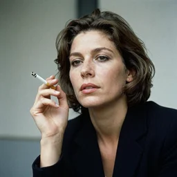 a french woman holding a cigarette between her fingers, 1974, 35mm film, portrait