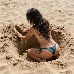 woman in bikini from behind long hair defined artistic sharp digging a hole in the sand