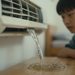 close - up on the dirty water flowing from the air - conditioningmachine in the bedroom of a young teenager, blurred, faded, depth of field, ultra realistic, very detailed, blurred, depth of field, unframed, by neo rauch, 8 k hyper realistic detailed cinematic still