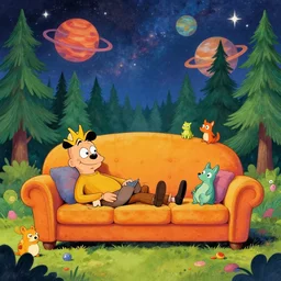 psychedelic trippy couch pine forest with woodland critters planets milky way sofa cartoon by carl barks