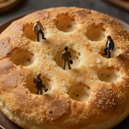 high quality close - up photo of giant crumpet, tiny people!! in the crumpet holes, highly detailed, cinematic lighting, ricardo bofill anka zhuravleva, dramatic lighting, top shot, uhd 8 k, shallow depth of field