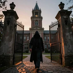 cloaked detective walking through the wrought iron gates of an old mental institution, a menacing tower looms over the courtyard, and an evening sun bathes the cobblestone gates in a orange light, Randy Vargas, highly detailed, featured on Artstation
