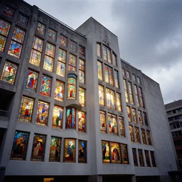 vibrant cinematic color photography of art museum made out of colored small stained glass panes and white concrete in an urban context, dramatic grey sky, volumetric lighting, glowing windows, architectural photography, wide angle, color, photoreal, velvia film