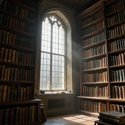 interior of an elvish library with tall windowpane, shelves full of ancient books, cinematic, morning light, hyperrealistic, detailed, 4k, magic, dust, high contrast