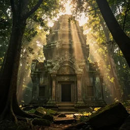 Ancient temple lost in the heart of the forest belonging to the ancient goddess of earth and trees | dramatic light | cinematic lighting | sunshafts, volumetric lighting | golden hour | style of donato giancola