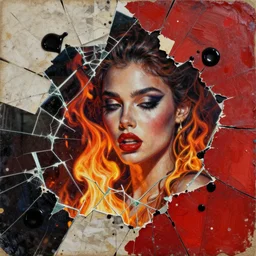 glamorous and emotional fire mindblowing, detailed mixed media collage with canvas texture in style of contemporary art, punk art, realism, realistic photo, expressionism, masterpiece, spectacular quality, intricate oil details, broken glass photo, torn paper intricate texture, large cracks, liquid glue spots, red vivid palette