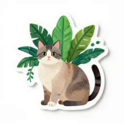 one cat and tropical plant gouache illustration vinyl sticker, one sticker, white background, sharp, clear focus, high quality, studio lighting, trending on instagram, product