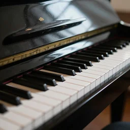 Close-up of a piano, black gloss, keys, dark room, light from the window falls on the piano keys, dust is in the air, realistic, photo 35mm, Kodak 35mm, photorealistic, 8K, 8K resolution, 4K, high quality, Super-high quality, hyperrealistic
