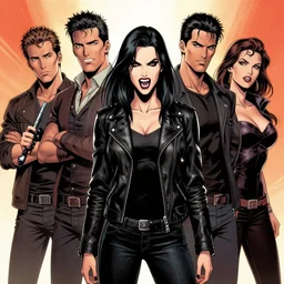 rafael albuquerque comic art, peter mohrbacher, phil noto, steve niles, artgerm, pretty willa holland vampire sharp vampire teeth open mouth, symmetrical eyes, black leather jacket, jeans, long black hair