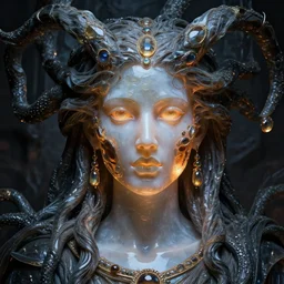 detailed portrait, high priestess, gorgon, regal molten glassworks face sculpted features, large eyes, statuesque, translucent skin, silk hair, tech noir, opulent, smooth, jewel, lit from within, chiaroscuro, organic impressionism, deep backdrop, natural colors, octane render