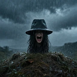 the scream with a hat and raining on top of a hill