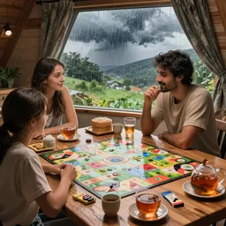 boardgame party, thunderstorm outside, summer, rainy, cozy cabin, blanket, tea, drinks, guy with dark hair, by herbert james harper, volumetric lighting, global illumination, smooth, concept art, sharp, 4 k, highly detailed