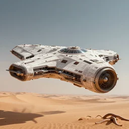 spaceship from the movie dune, 2 0 2 1 cinematic 4 k framegrab, intricate abstract spaceship floating detailed docking ports. flying above a dessert with sand worms