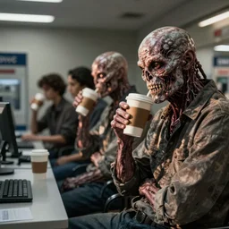 hellraiser cenobites in line at the dmv, impatient, drinking coffee, bored