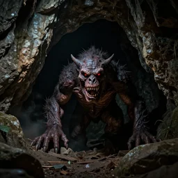 monster peering out of a cave, dark lighting, horror, realistic,