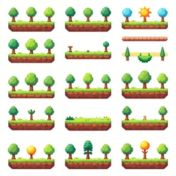 A game assets spritesheet by Rayman legends online, props, platform , terrain, trees, and scenario assets, side scroller, platafform, vector art, very detailed