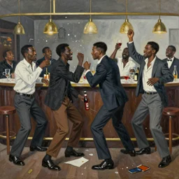 a messy fun painting of black men gatecrashing a bar, art by david goldblatt, artstation