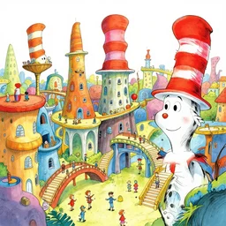 fanciful city filled with curvy buildings, by dr seuss, towers, platforms, arches, bridges, stairs, colorful kids book illustration