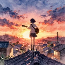 anime girl stands on the roof of a japanese house and plays the guitar against the sunset, back view, watercolor