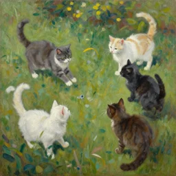 cats playing in a garden, by alfred pellan, oil on canvas