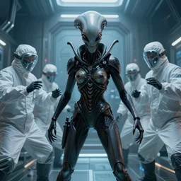 giger alien queen breaking out of cryo and fighting scientists. Sci-fi blockbuster 2020s horror production photograph.