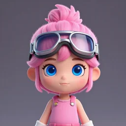 princess with pink fur goggles with big blue eyes, hair piled high, 3 d render in octane