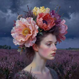 closeup, giant flowers head mohawk, a woman in heather field, surreal photography, starlight, storm clouds, impressionist painting, digital painting, artstation, simon stalenhag