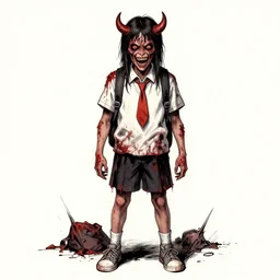 disturbing grunge image of a demon infested middle school student. horror colored ink art, by greg tocchini, by tom bagshaw, by henry asencio, by kikuchi hideyuki, white red, black, crimson and grey gradient color scheme