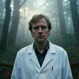 a cinematic headshot portrait of a male scientist, in a spooky forest, fog, portrait, portrait, portrait, shrubbery, 8 k, detailed, backlight, deep focus, movie still, moody lighting, by werner herzog