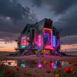 architecture by bernard tschumi, partly cloudy night matte painting reclaimed by nature neon signs magic realism at fall cgsociety azeroth bioshock neon noir desert landscape uv light water at dusk hyperrealism poppy anime sunset flowers at dawn, archdaily, wallpaper, highly detailed, trending on artstation.