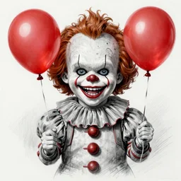 surrealism grunge cartoon portrait sketch of chucky with a wide smile and a red balloon by - michael karcz, loony toons style, pennywise style, horror theme, detailed, elegant, intricate