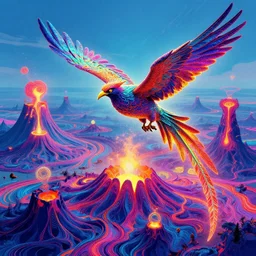 mythical bird over infinite fractal volcanoes bright neon colors highly detailed cinematic eyvind earle tim white philippe druillet roger dean lisa frank aubrey beardsley hiroo isono