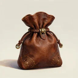 an ornate small leather bag, fantasy illustration, medieval era, blank background, studio lighting, digital art