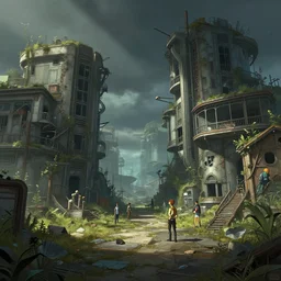 photo environement post futurist abandoned houses : 4, 4 k rtx hdr volume light concept studio matte painting environement digital illustration style art that looks like it is from borderlands and by feng zhu and loish and laurie greasley, victo ngai, andreas rocha, john harris by jesper ejsing, by rhads, makoto shinkai and lois van baar