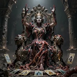 [ woman in a crown and dismal [ supervillain outfit made of flesh ]! ]! [ raising her hands upward ]!! on a detailed ruined throne trending on artstation 4 k quality cgsociety contest winner artstation hd artstation concept art behance tarot card gloomy grim dismal intricate minutia details wide - screen by artgerm rutkowski wikelmann