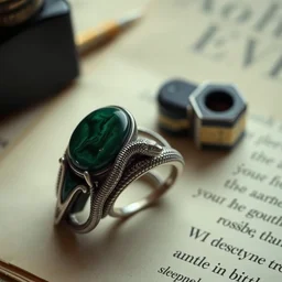 still life, letters, inks, vintage, antique, male ring with malachite, silver, snake holder, dark academia, photorealistic, soft lighting, cinematic, detailed