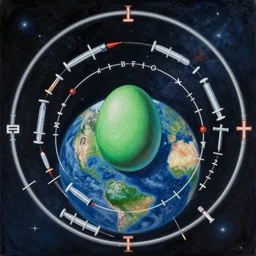 a green egg orbiting in space above earth with concentric rings of symbols, syringes, acupuncture needles, eyedroppers, and christian crosses in a round path, painting