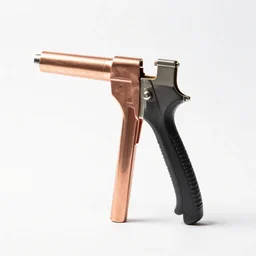 copper caulking gun, commercial catalog photo, isolated on a pure white background, centered, entire object in frame, sharp focus, soft studio lighting