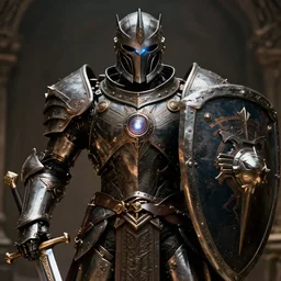 movie still  of a ornate mechanical warforged with circular glowing eye holding a legendary paladin engraved holy great longsword and carrying a huge heavy paladin shield, face in focus, cinematic lighting from the movie THX 1138 (1971)