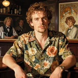 close up of max payne floral shirt in a bar, sun shining, photo realistic illustration by greg rutkowski, thomas kindkade, alphonse mucha, loish, norman rockwell.