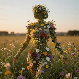 hyper realistic cinematic photo human body made of wild flowers, golden hour